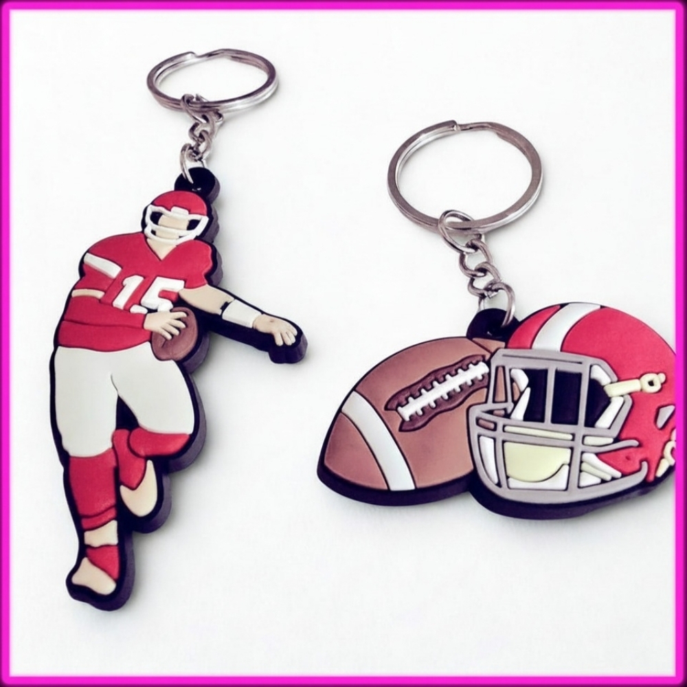 Football Player & Helmet Keychain Duo - Red, White, Tan